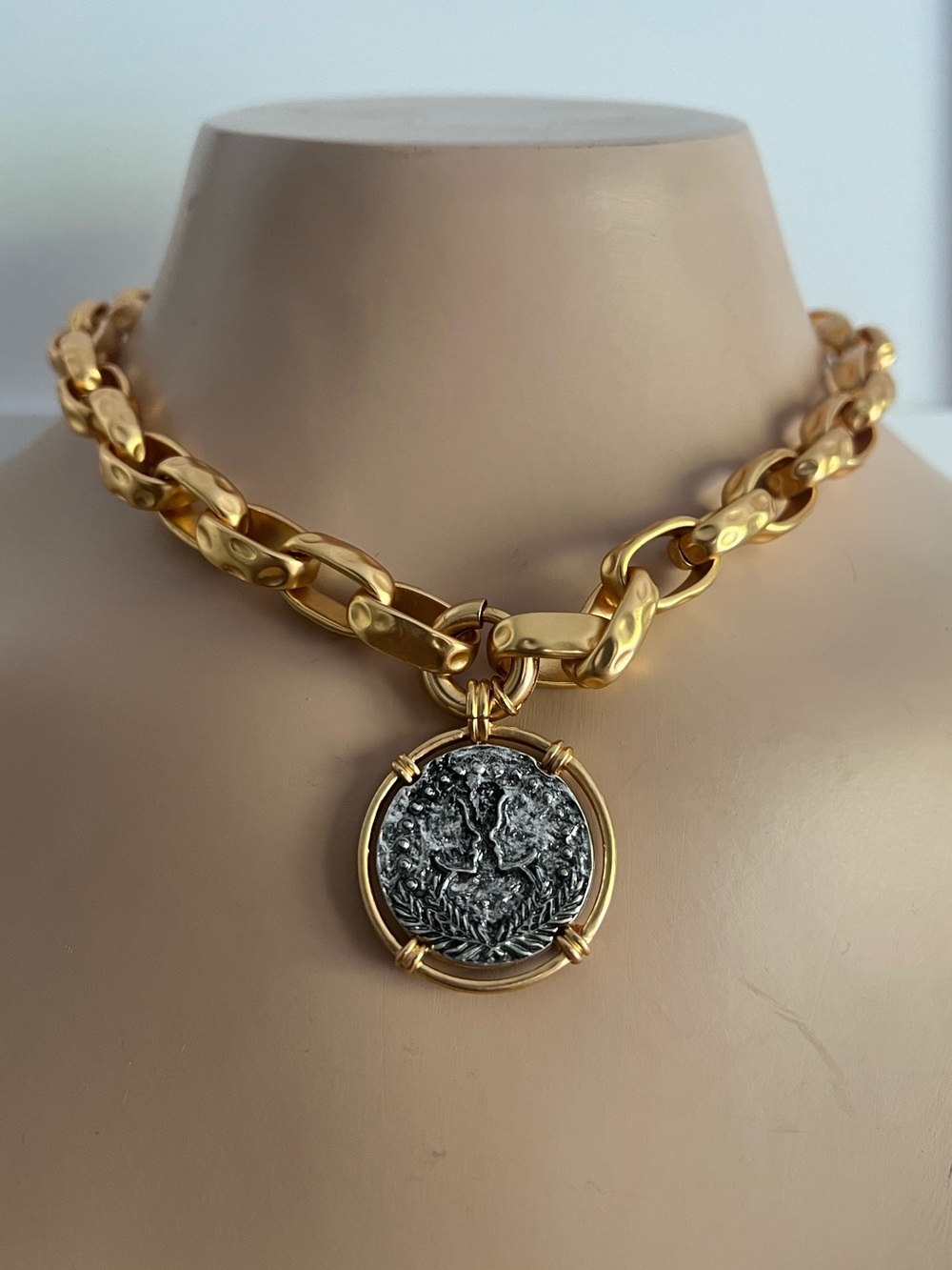 Estate House Of Harlow Byzantine Revival Chunky Gold Chain Necklace Coin Pendant